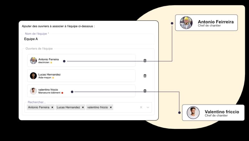 Interface de gestion des équipes chantier avec ajout et affectation des ouvriers