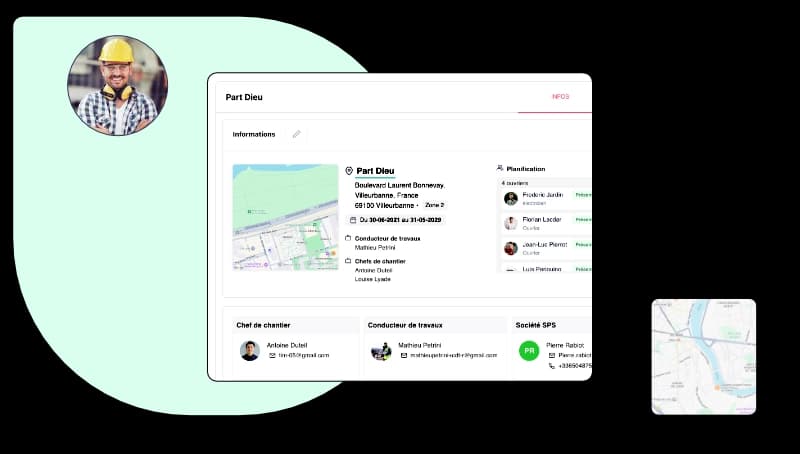 Fiche chantier avec informations détaillées, équipes et localisation