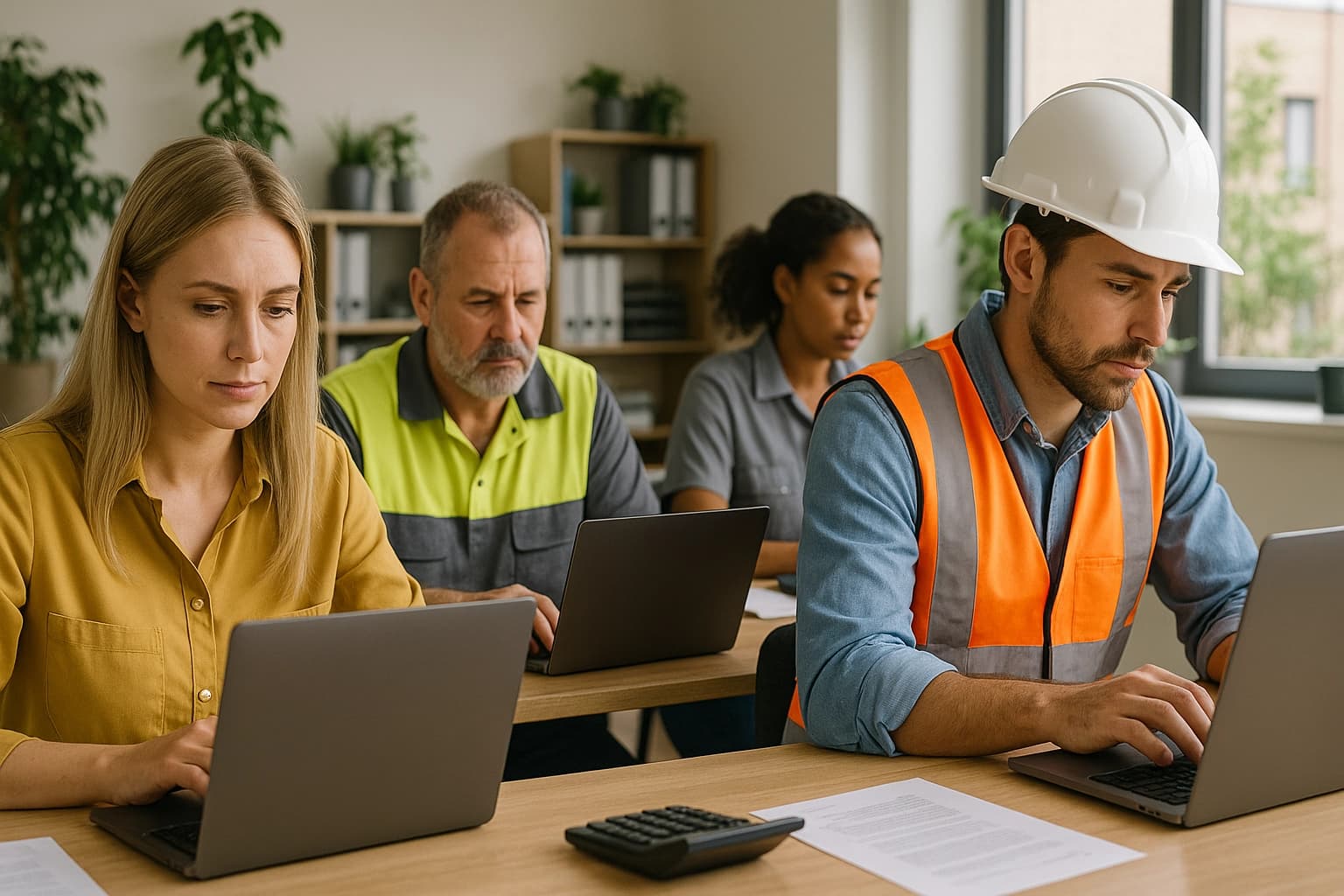 Des salariés d'une entreprise de BTP réalisant le pointage chantier et le pointage ouvrier sur ordinateur