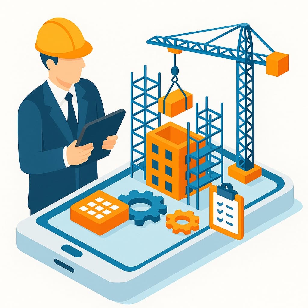 Représentation isométrique d’un responsable de chantier consultant l’avancement des travaux sur smartphone devant une grue