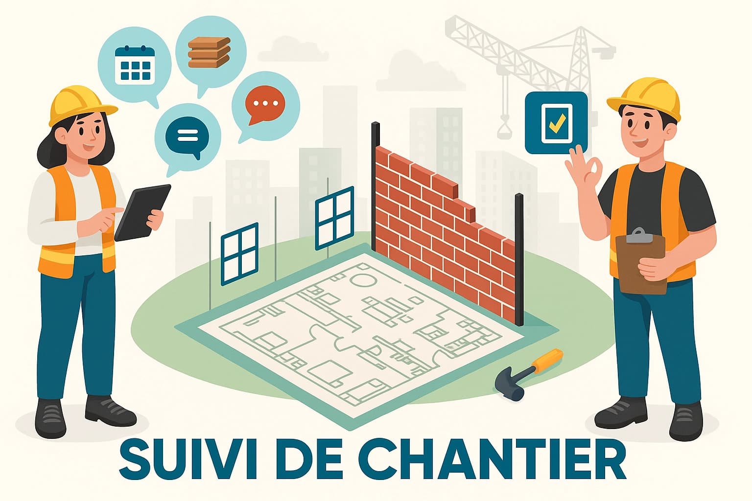 Illustration isométrique d’une maquette de chantier 3D affichée sur un smartphone avec un ingénieur en casque consultant les progrès