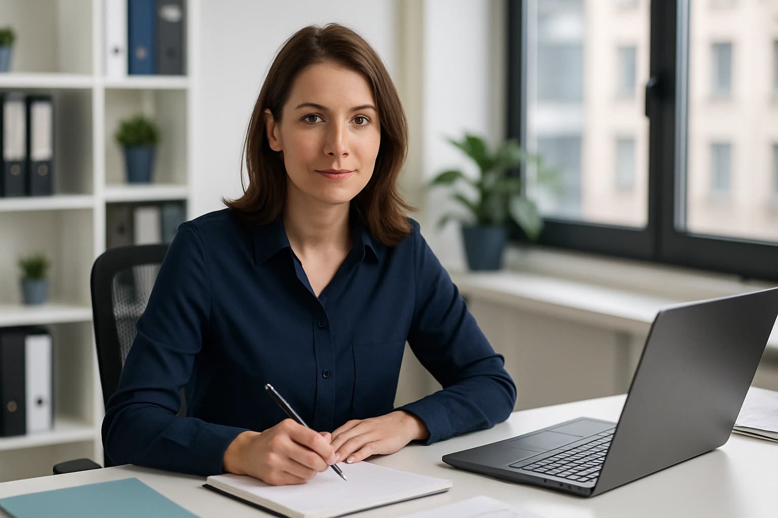 Portrait d’une responsable RH souriante, carnet et ordinateur portatif sur un bureau