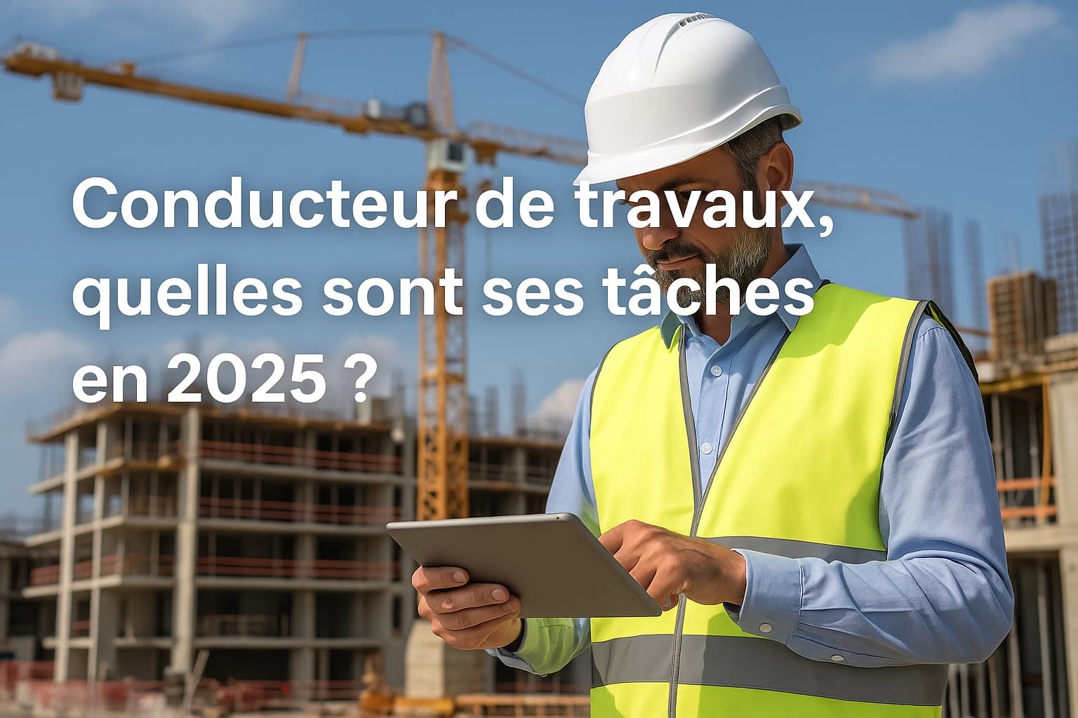 Conducteur de travaux en gilet haute visibilité consultant un tableau de bord chantier sur tablette
