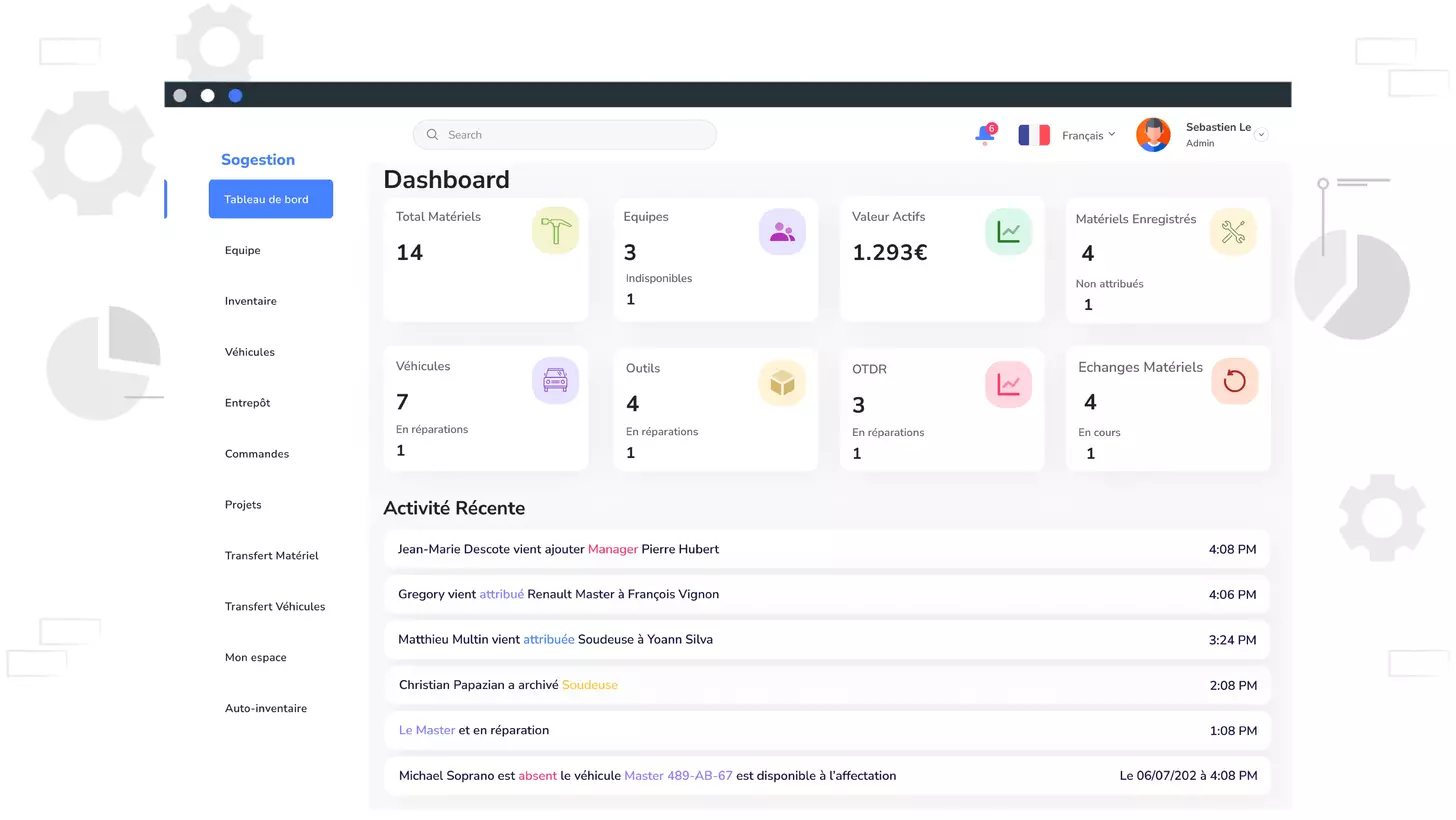 Interface logiciel affichant tableau de bord pour la gestion de matériel, inventaire, véhicules et outils