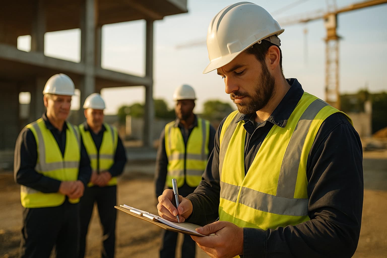 Chef de chantier notant les heures de travail des ouvriers pour respecter les obligations légales 2025 des heures supplémentaires dans le bâtiment.