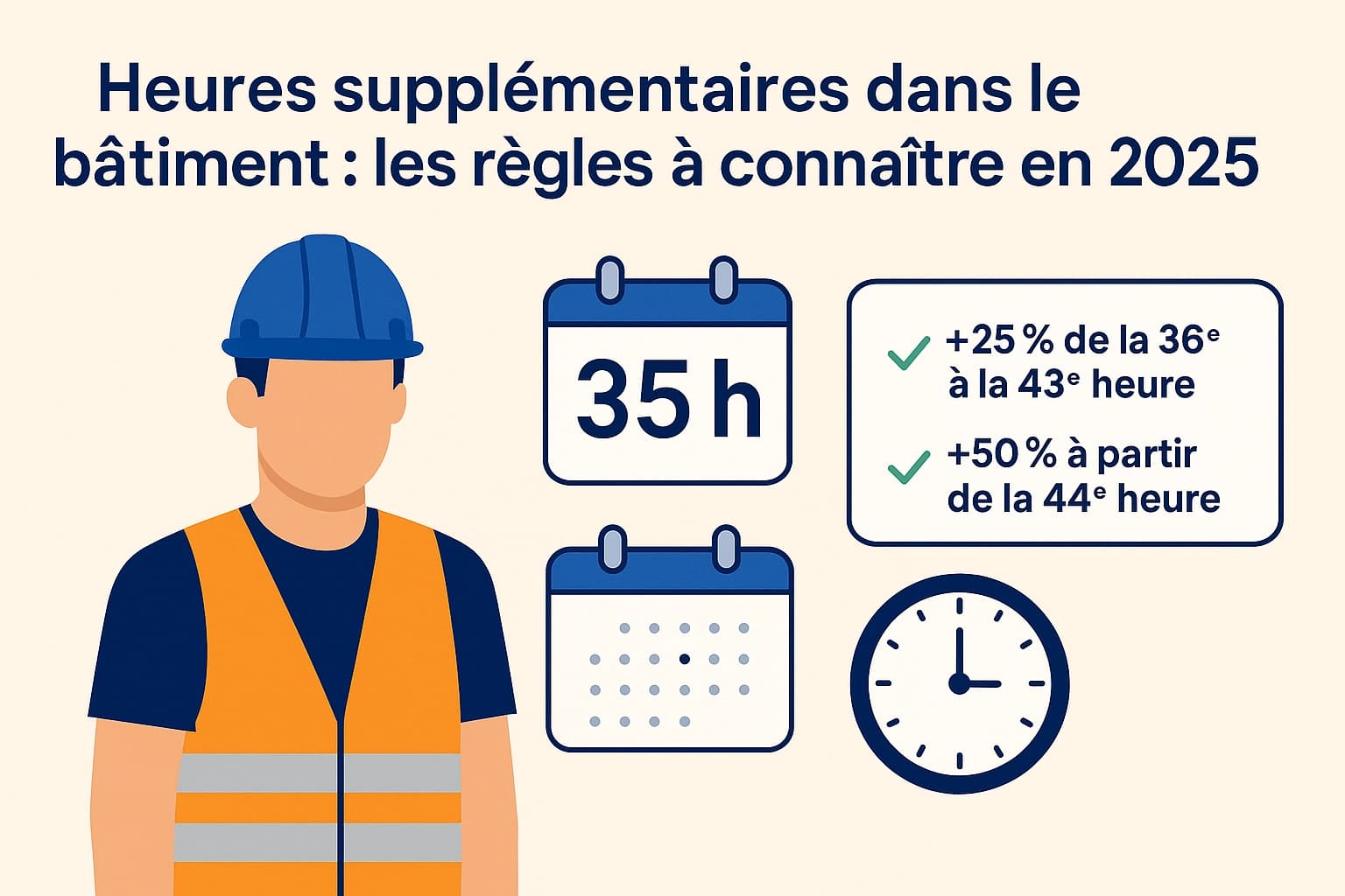 Infographie sur les heures supplémentaires dans le bâtiment en 2025 avec les taux de majoration à +25 % entre la 36e et la 43e heure et +50 % à partir de la 44e heure.