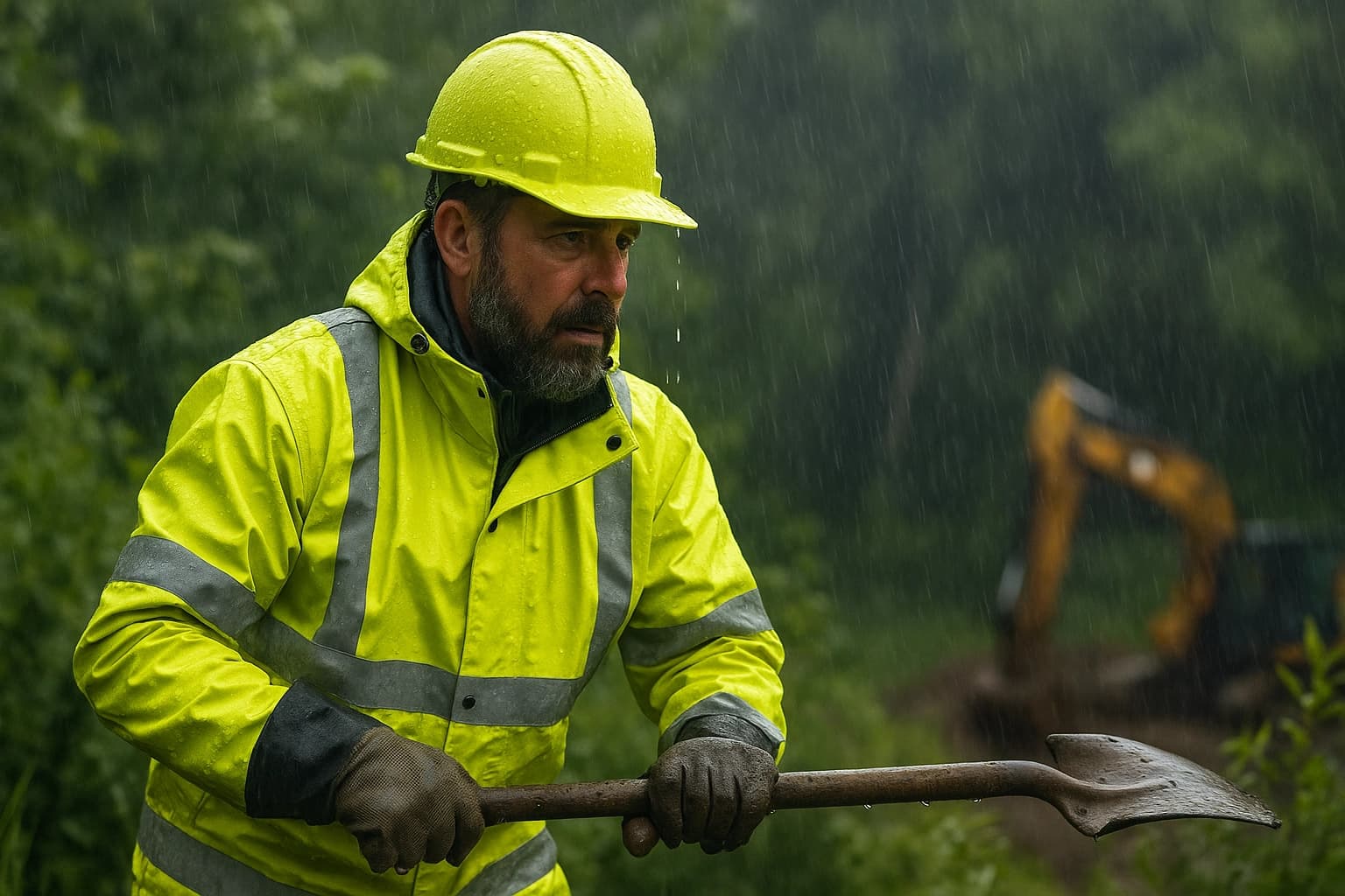 Ouvrier du BTP travaillant sous la pluie, illustrant l’impact des intempéries sur les chantiers et le recours au chômage intempéries dans le BTP.