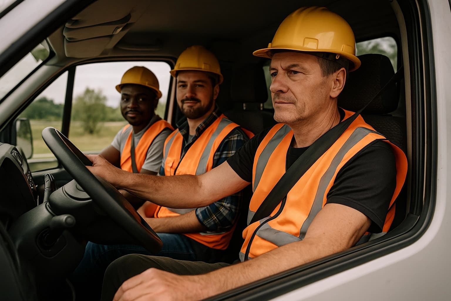 Trois ouvriers du BTP en camion utilitaire, portant gilets de sécurité et casques, illustrant les déplacements chantier.
