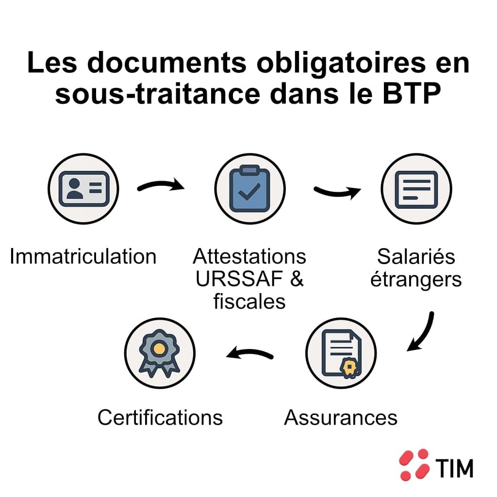 Représentation graphique des documents à fournir en sous-traitance : immatriculation, attestations URSSAF et fiscales, salariés étrangers, assurances et certifications.