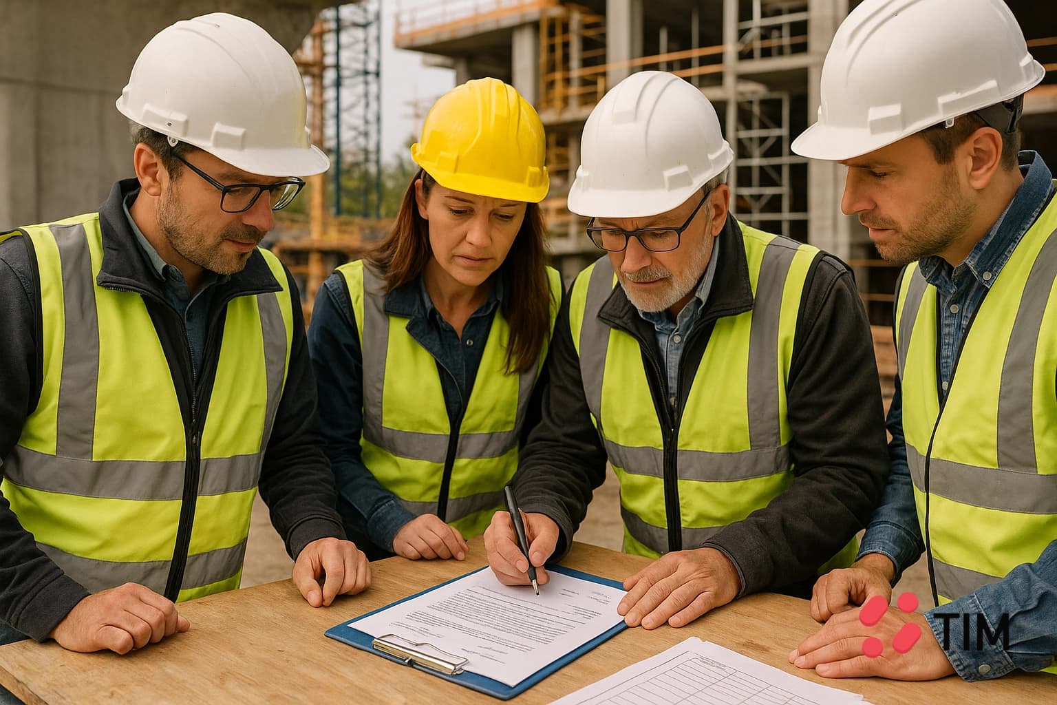 Un groupe de quatre professionnels du BTP en tenue de chantier (casques et gilets haute-visibilité) signant ensemble un document posé sur une table de chantier.
