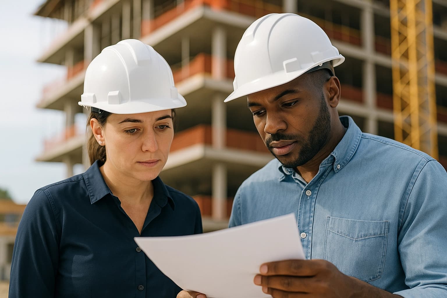 Un chef de chantier et une responsable d’entreprise consultent ensemble les documents obligatoires de sous-traitance sur un chantier de bâtiment.