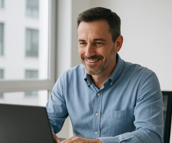 Conducteur de travaux souriant derrière son ordinateur pour gérer le suivi de chantier