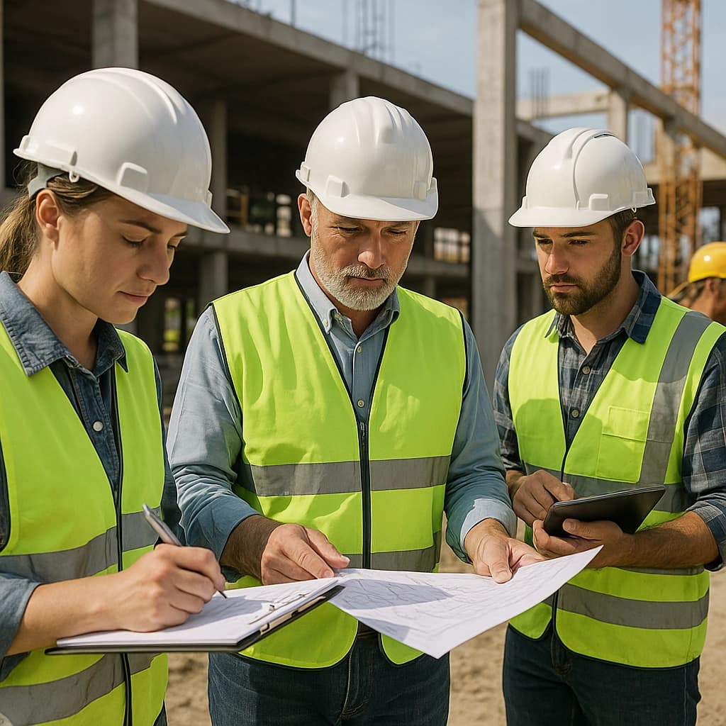 Photo d’opérateurs du BTP en gilets et casques de sécurité en train de vérifier les plans et de pointer les éléments sur chantier lors d’une OPR.