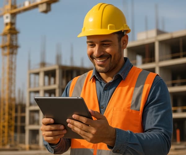 Ouvrier souriant en gilet orange et casque jaune, consultant une tablette sur chantier