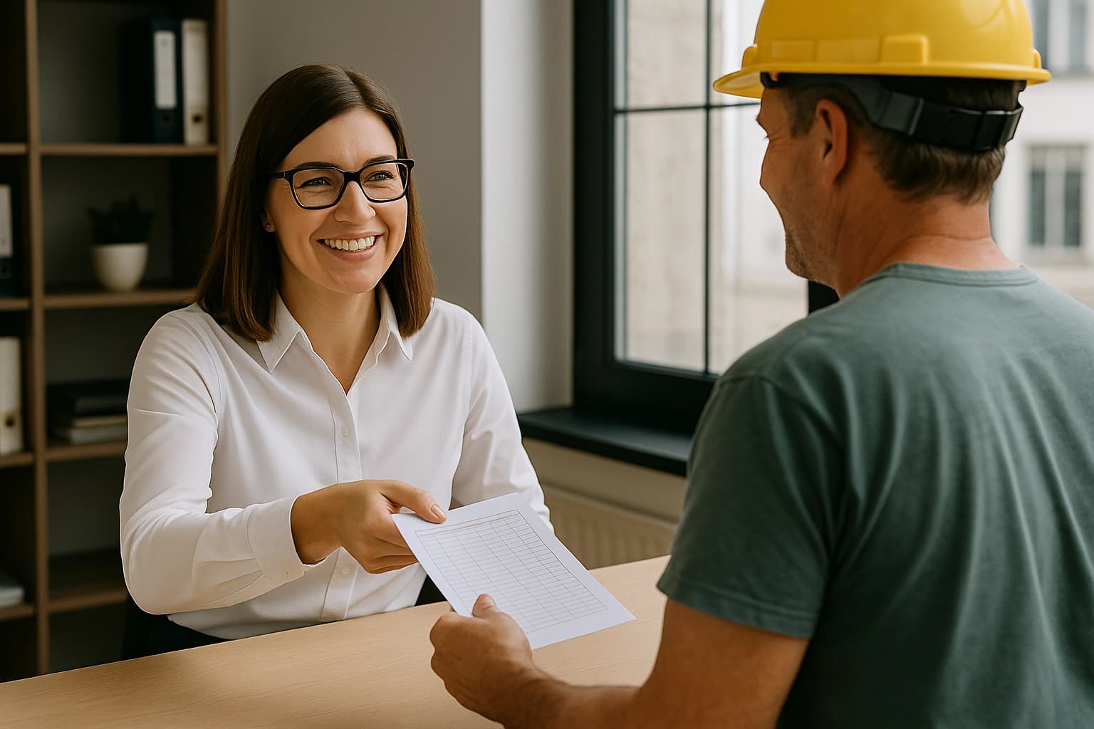 Responsable RH en blouse blanche triant des feuilles d’heures papier dans un bureau