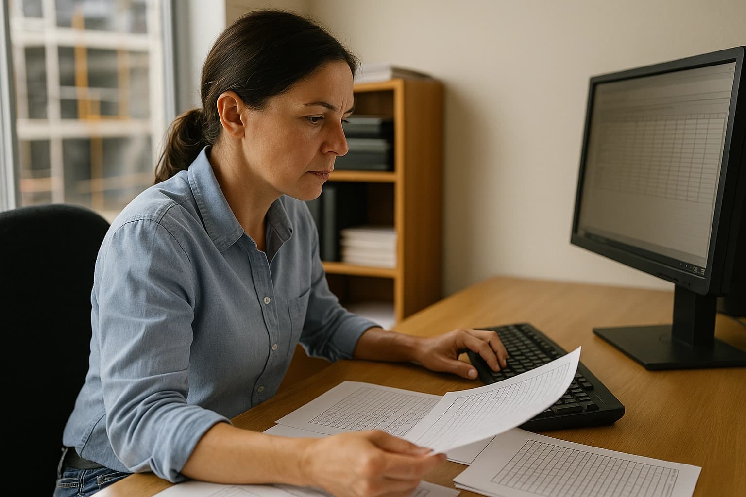 Responsable RH en chemise saisissant des feuilles d’heures papier dans un logiciel de pointage