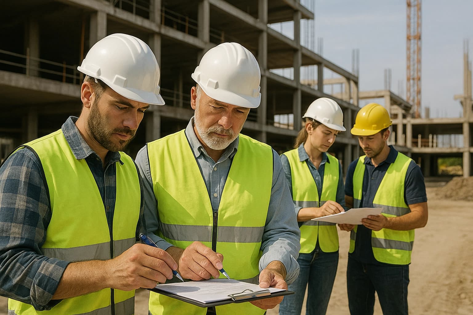 Photo d’opérateurs du BTP en pleine rédaction et vérification des documents lors des OPR, étape avant la réception des travaux.
