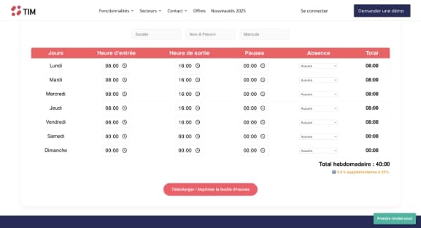 Interface de la calculatrice du temps de travail Tim Management affichant le total hebdomadaire et les heures supplémentaires.