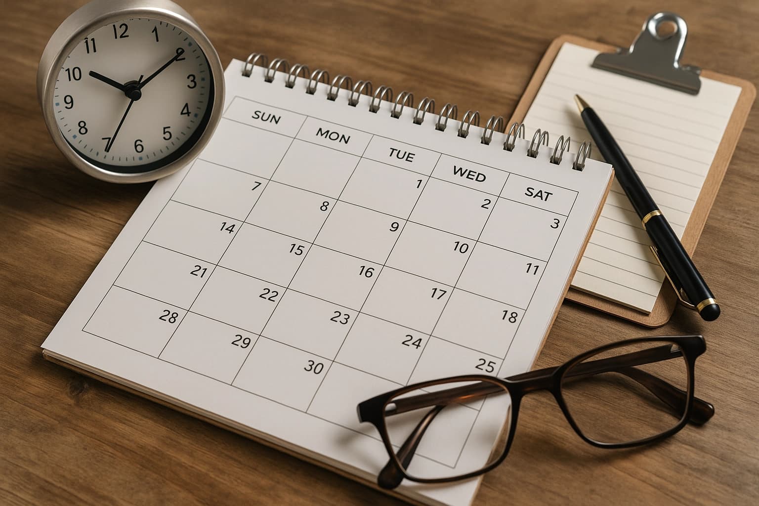 Vue rapprochée d’un calendrier, d’une horloge et de documents de travail utilisés pour la planification et le suivi du temps dans une entreprise du BTP.