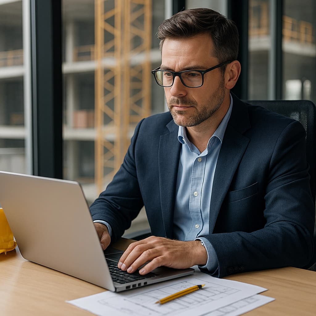 Responsable des ressources humaines du secteur BTP utilisant un ordinateur pour gérer le planning et le pointage des salariés sur chantier.