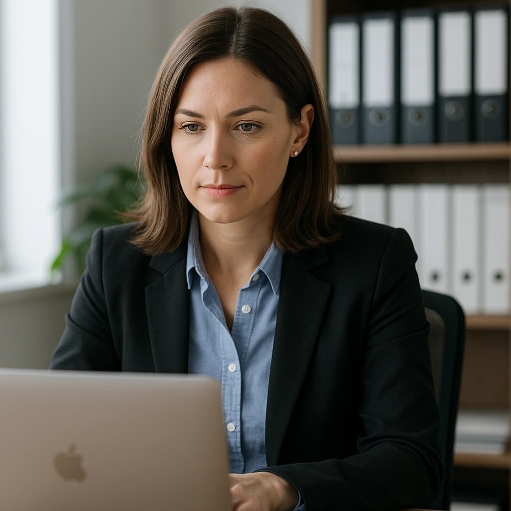 Photo réaliste d’une responsable RH travaillant sur un ordinateur dans un bureau moderne, gérant les RTT et les plannings du personnel BTP.