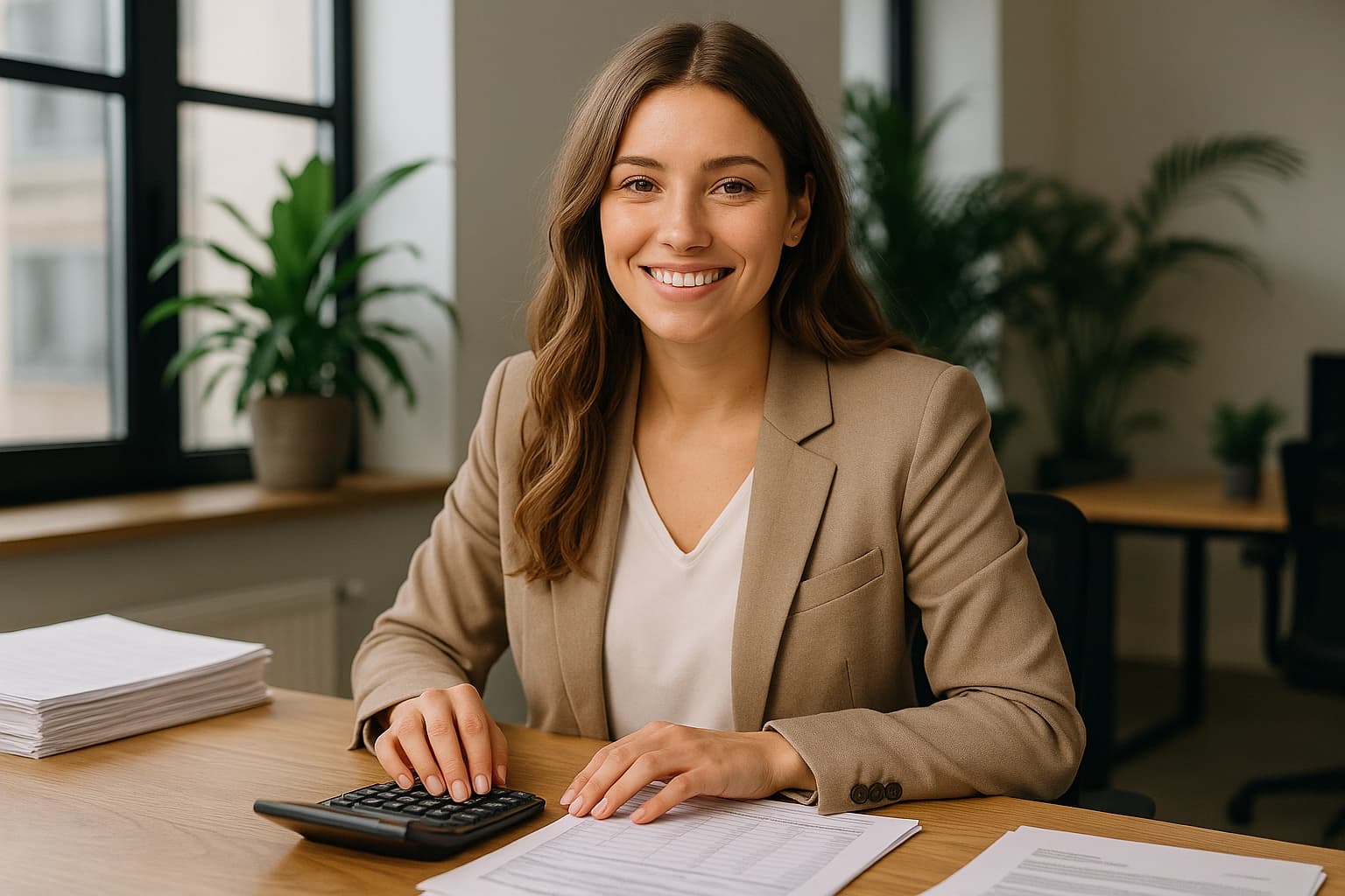 Secrétaire souriante travaillant sur les paies dans un bureau moderne et végétalisé, illustrant la gestion du temps de travail en entreprise.
