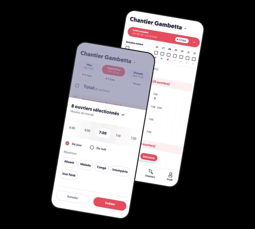 Application mobile de pointage BTP avec sélection des ouvriers et gestion des heures de travail