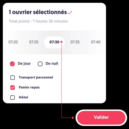 Logiciel de pointage BTP avec sélection des horaires et options de frais chantier