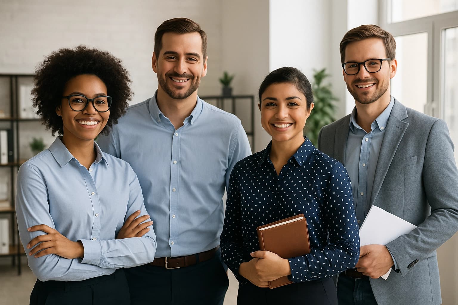 Équipe RH souriante représentant la gestion du personnel et la compréhension du jour de fractionnement.