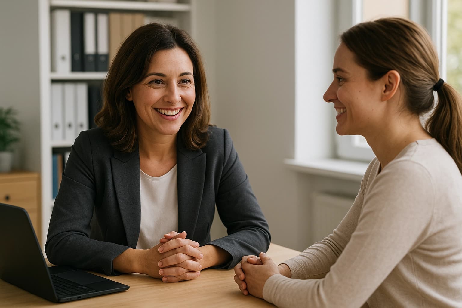 Photo réaliste d’une responsable RH souriante échangeant avec une employée autour d’un bureau moderne