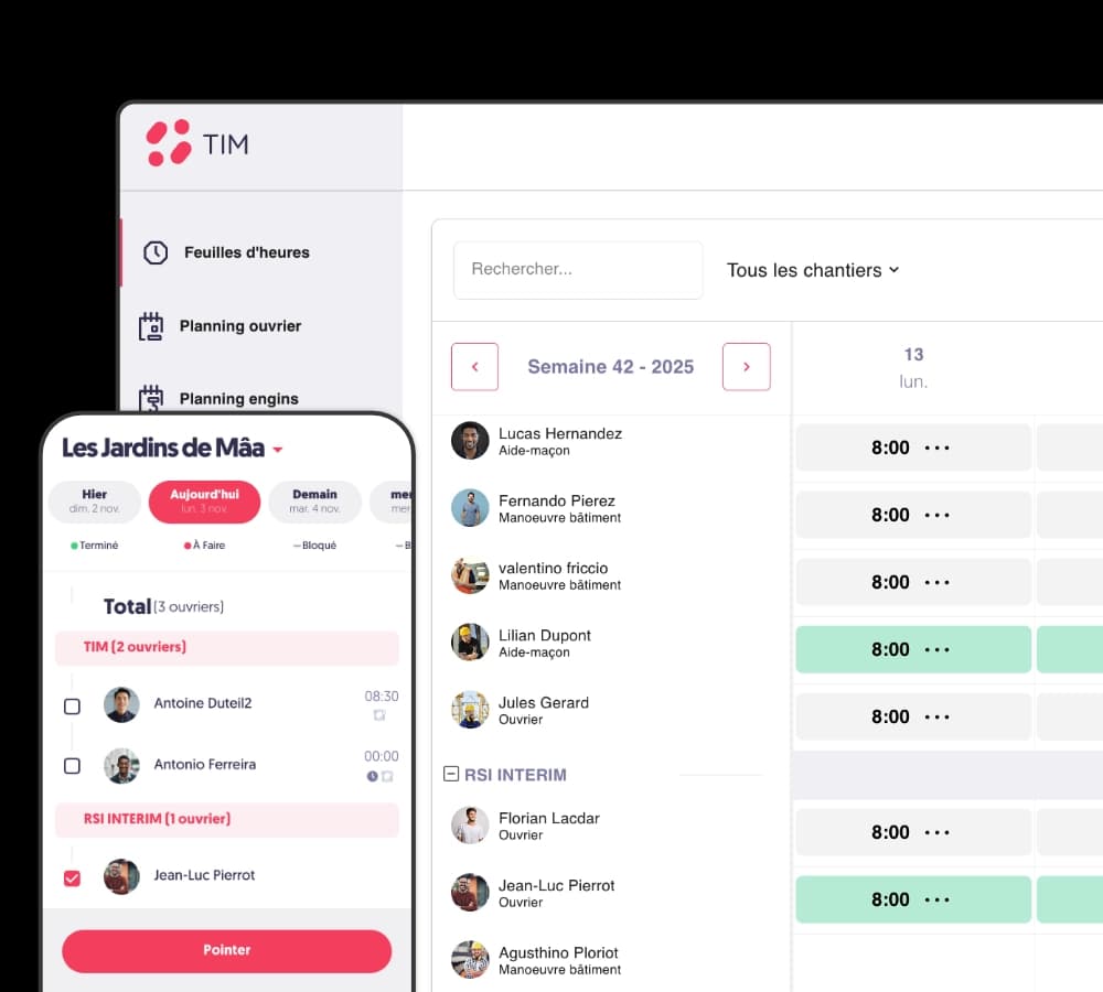 Planning ouvrier BTP sur logiciel de gestion de chantier avec pointage des équipes