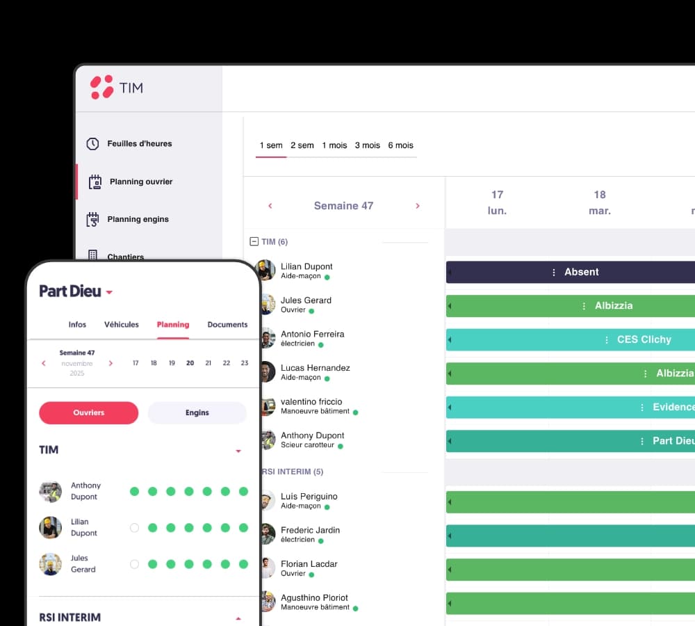 Planning ouvrier chantier avec suivi des équipes et des affectations en temps réel