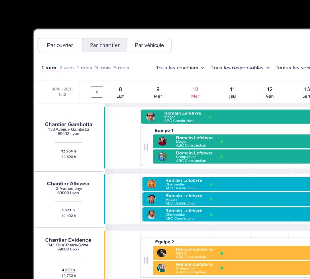 Planning chantier BTP avec vue par équipe et par ouvrier