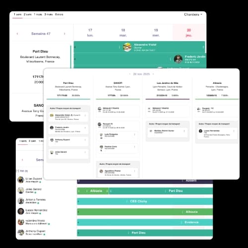 Vue globale planning chantier avec répartition des équipes par projet