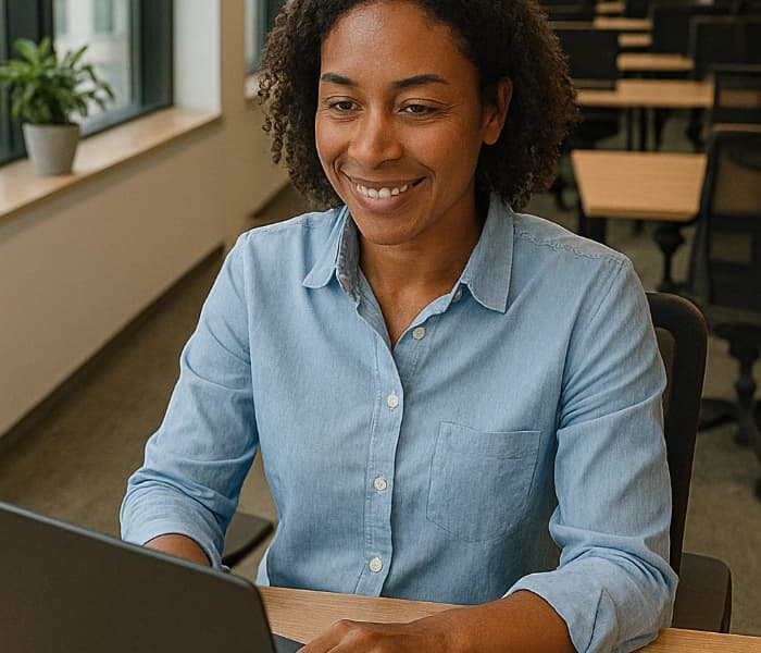 Responsable RH souriante travaillant derrière son ordinateur dans un bureau moderne
