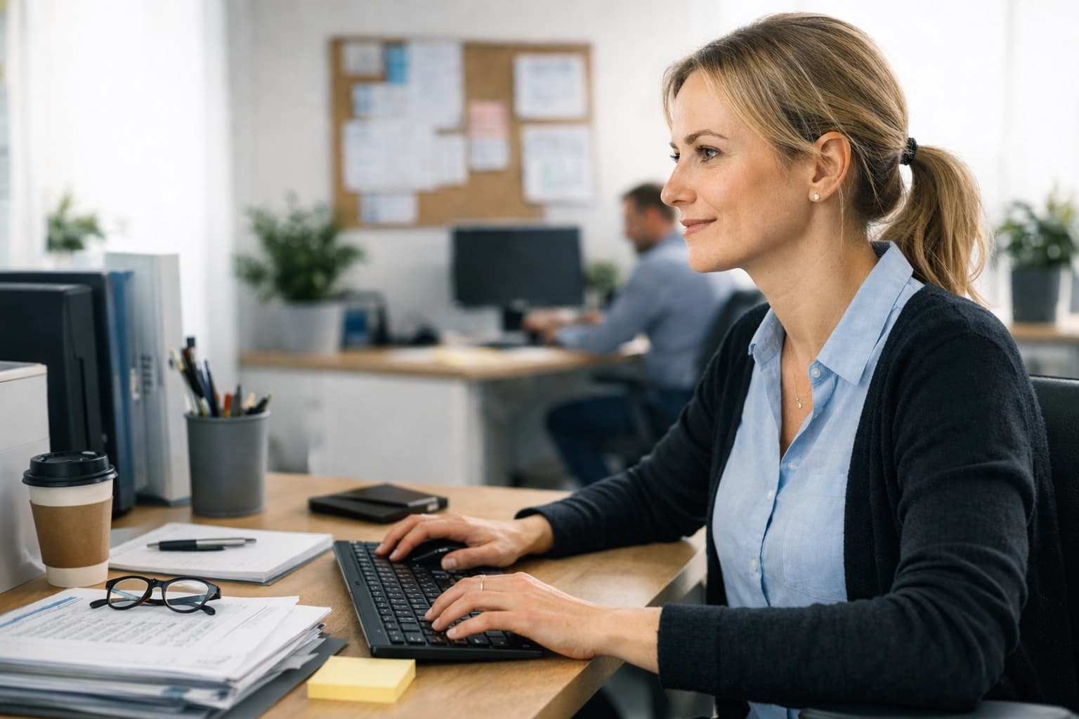 Responsable RH travaillant sur son ordinateur dans un bureau, analysant les documents et la gestion des absences des salariés.