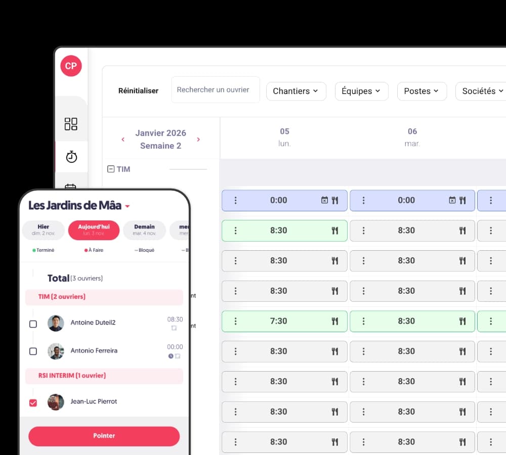 Interface de pointage BTP avec feuille d’heures hebdomadaire et sélection des ouvriers