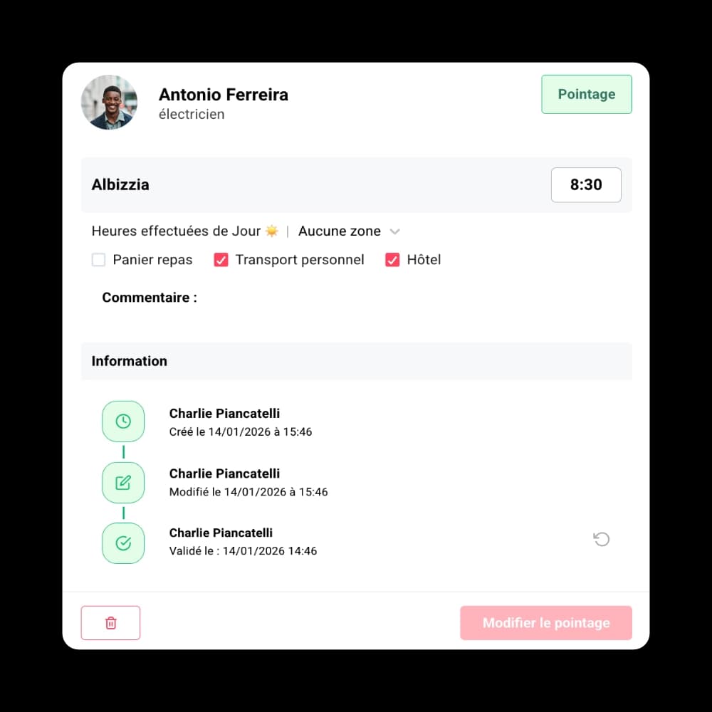 Détail d’un pointage ouvrier avec heures, options et historique de validation sur logiciel BTP