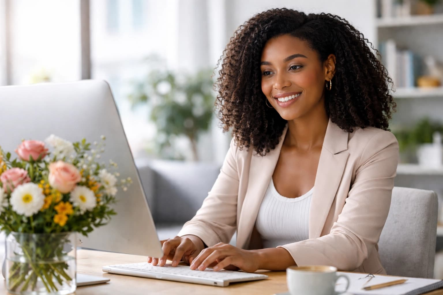 femme travaillant sur ordinateur dans un bureau moderne avec clavier et ordinateur portable