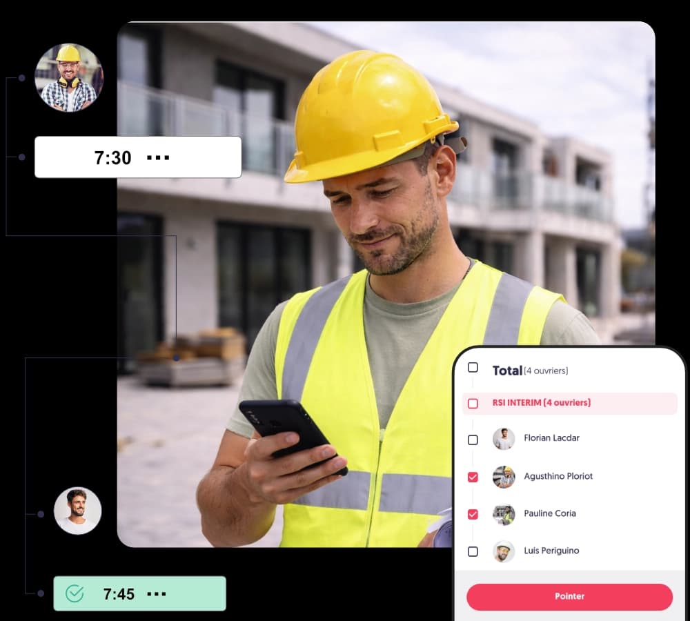 Ouvrier utilisant une application mobile de pointage sur chantier
