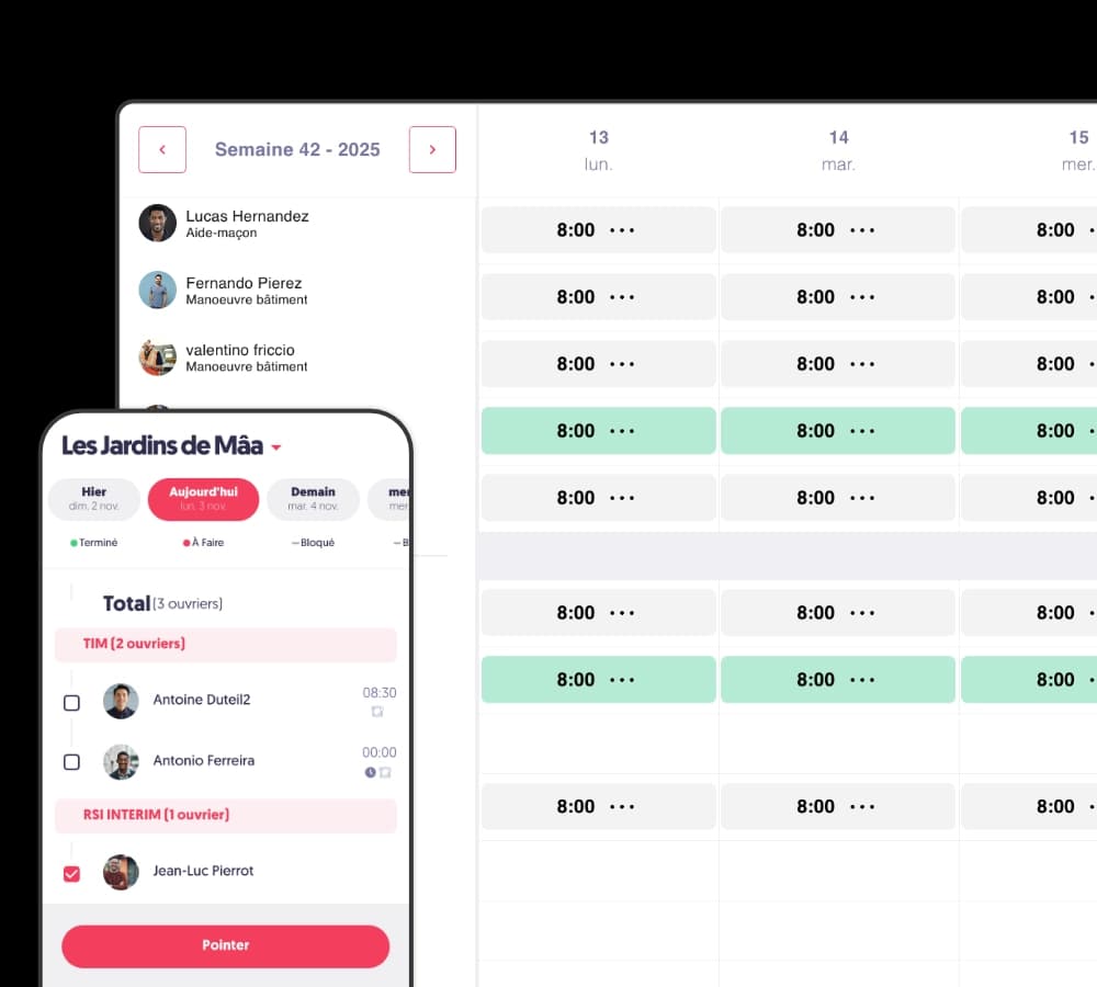 Feuille d’heures chantier avec planning ouvrier et pointage des heures sur application mobile