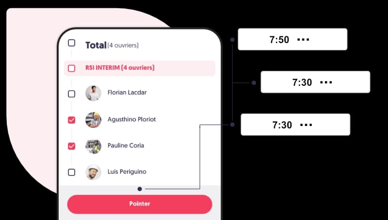 Pointage de plusieurs ouvriers avec sélection d’équipe et saisie des heures chantier