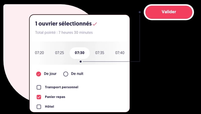 Validation du pointage ouvrier avec gestion des heures et des indemnités chantier