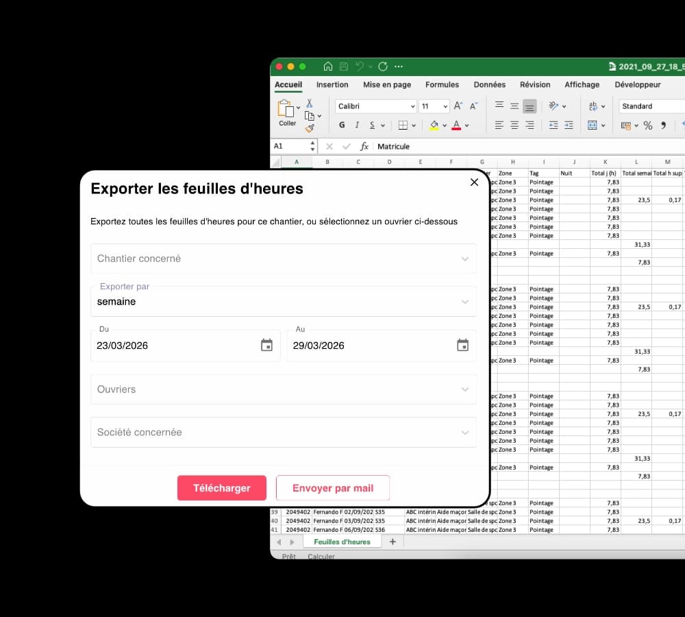 Export des feuilles d’heures chantier vers Excel pour suivi du pointage ouvrier
