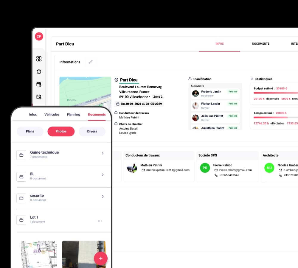 Interface de gestion de chantier avec informations, planning et documents