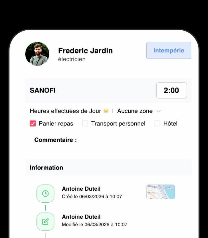 Détail du pointage ouvrier avec heures travaillées et indemnités chantier