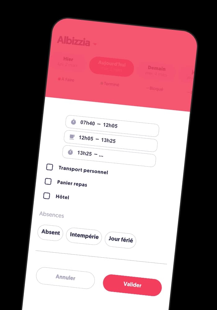 Interface mobile d’un logiciel de pointage ouvrier avec gestion des horaires et des absences