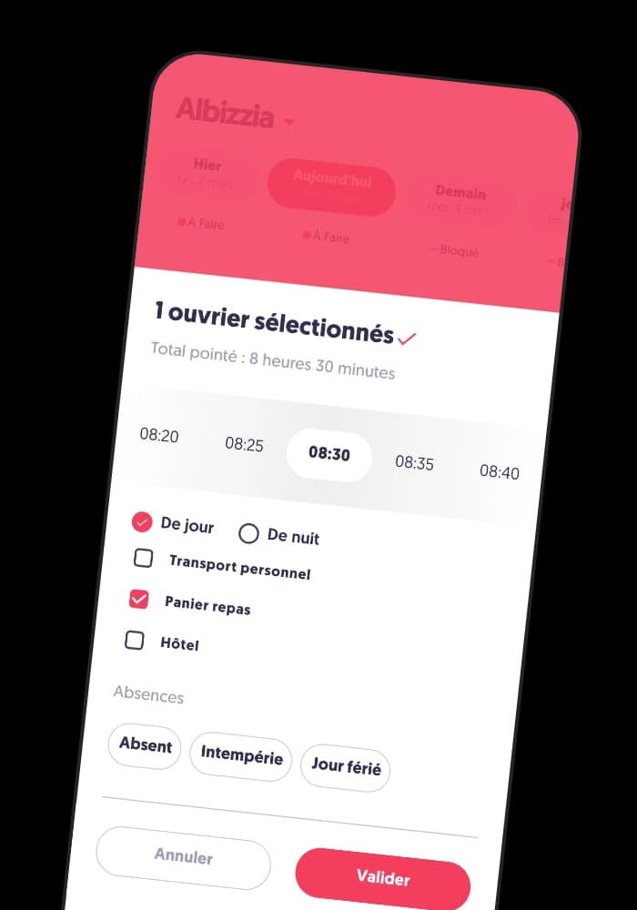 Application mobile de pointage ouvrier avec saisie des heures et gestion des indemnités