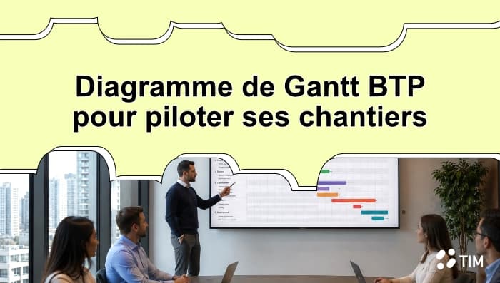 Réunion d'équipe autour d'un diagramme de Gantt affiché sur écran pour planifier et suivre l'avancement des chantiers BTP.