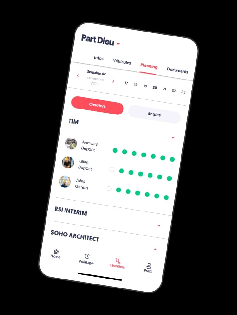 Planning chantier mobile Tim Management avec gestion des ouvriers et des engins